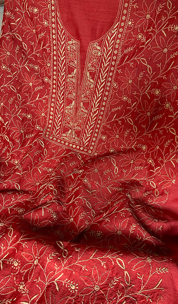 Women's Lakhnavi Handcrafted Unstitched Munga Silk Chikankari Kurta And Dupatta Set- HONC0357038