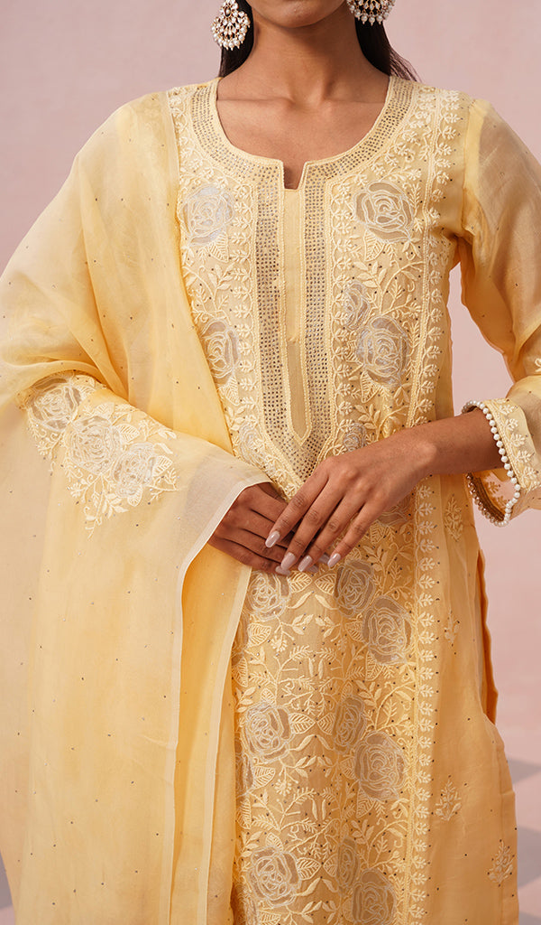 Women's Lucknowi Handcrafted Pure Organza Silk Stitched Chikankari Kurta, Dupatta With Pant Set- HONC04464644