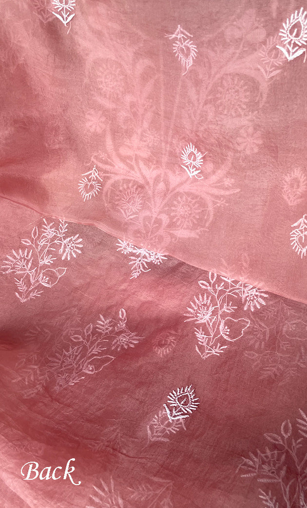 Women's Lakhnavi Handcrafted Pure Organza Chikankari Unstitched Kurta And Dupatta Set- HONC031470