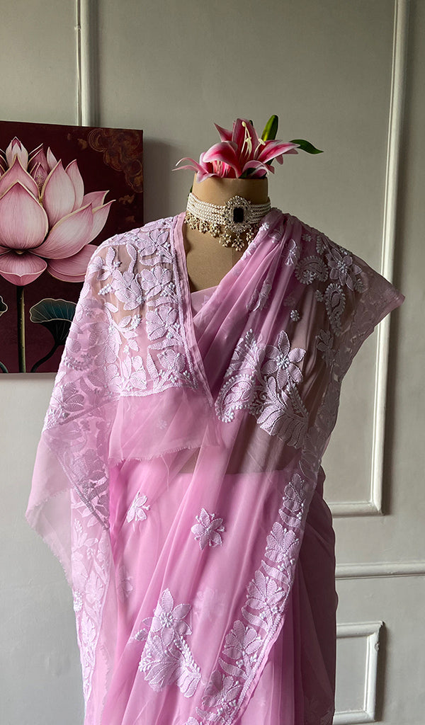 Women's Lucknowi Handcrafted Faux-Georgette Chikankari Saree - HONC0348735
