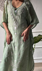 Load image into Gallery viewer, Rabia Women&#39;s Lucknowi Handcrafted Mul chanderi Chikankari Kaftan - HONC0310788
