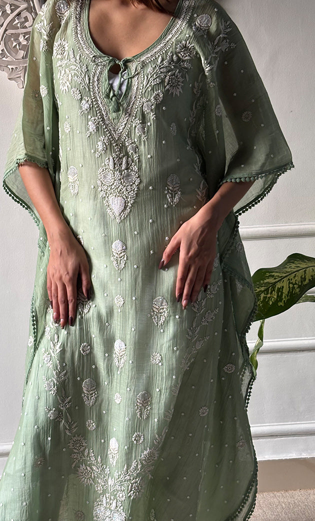 Rabia Women's Lucknowi Handcrafted Mul chanderi Chikankari Kaftan - HONC0310788
