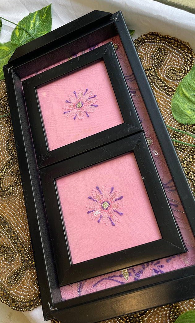 Handcrafted Chikankari Tray with Two Coasters – Wooden Frame - HONC0295550