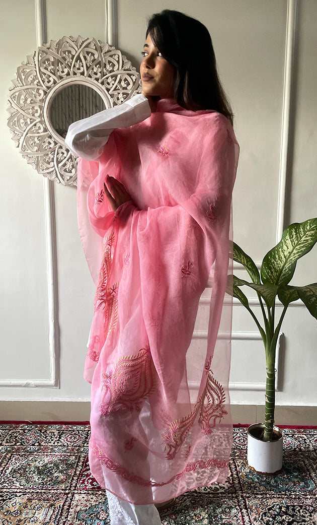 Women's Lucknowi Handcrafted Pure Organza Silk Chikankari Dupatta - HONC046131