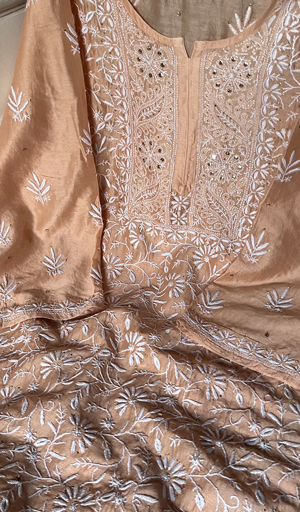 Women's Lakhnavi Handcrafted Mul Chanderi Semi - Stitched Kurta And Dupatta Set - HONC0266167