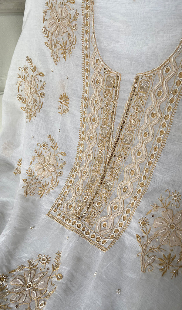 Women's Lakhnavi Handcrafted Mul Chanderi Unstitched Kurta And Dupatta Set - HONC0329227