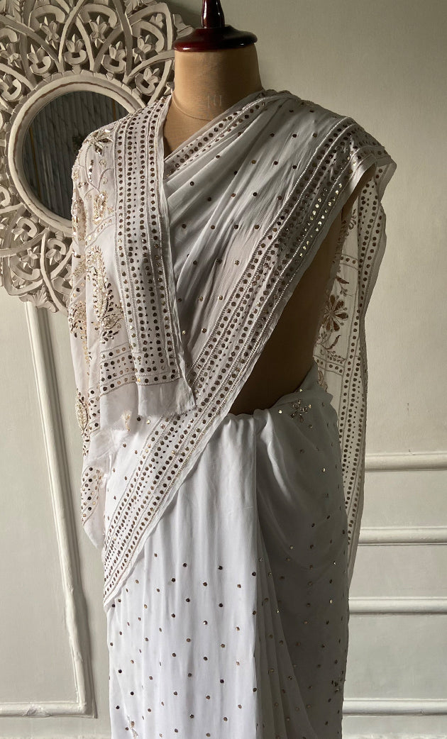 Women's Lakhnavi Handcrafted Viscose Georgette Chikankari Saree - HONC0328912