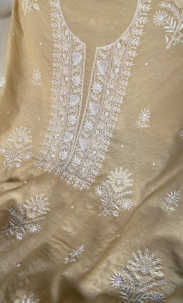 Women's Lakhnavi Handcrafted Mul Chanderi Unstitched Chikankari Full Suit Material - HONC0328321