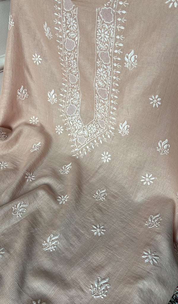 Lucknowi Handcrafted Maheshwari Mul chanderi Chikankari Unstitched Men's Kurta Fabric - HONC0288622