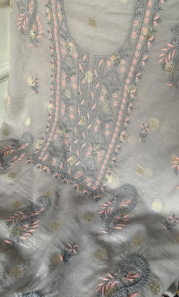 Women's Lakhnavi Handcrafted Mul Chanderi Unstitched Chikankari Full Suit Material - HONC0316861