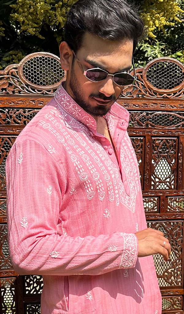 Men's Lucknowi Handcrafted Cotton Chikankari Kurta - HONC03352400