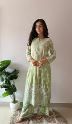 Load image into Gallery viewer, Women's Lucknowi Handcrafted Mul Chanderi Stitched Chikankari Kurta And Plazzo Set- HONC0378791