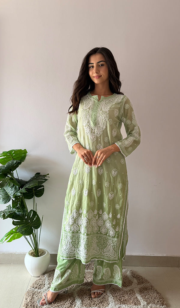 Yamika Women's Lucknowi Handcrafted Mul Chanderi Stitched Chikankari Kurta And Plazzo Set- HONC0378791