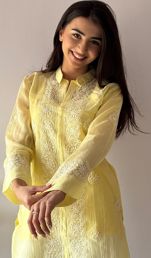 Women's Lakhnavi Handcrafted Mul Chanderi Chikankari Top - HONC0364862