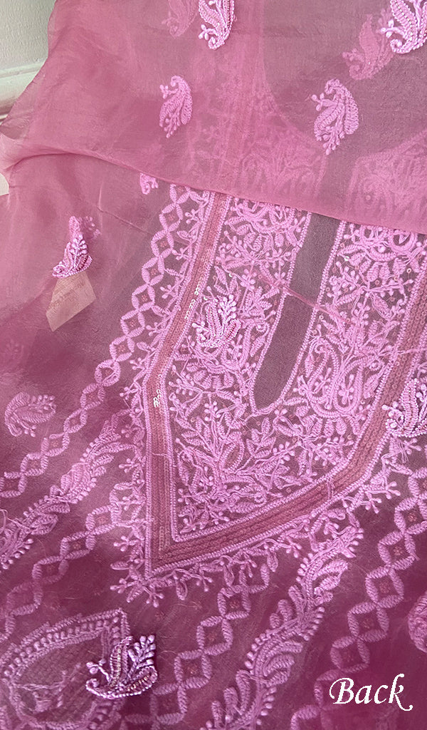 Women's Lakhnavi Handcrafted Pure Organza Chikankari Unstitched Kurta And Dupatta Set- HONC0324982