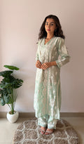 Ziva Women's Lucknowi Handcrafted Mul Chanderi Stitched Chikankari Kurta And Plazzo Set- HONC0378796