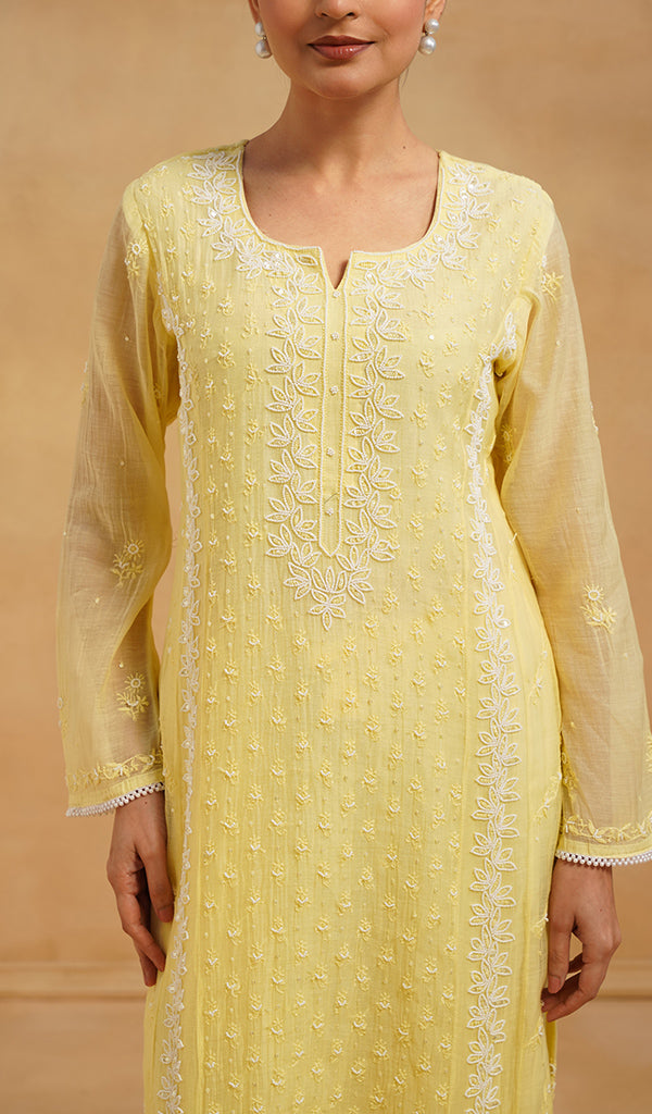 Saziya Women's Lakhnavi Handcrafted Mul Chanderi Chikankari Stitched Kurta, Dupatta And Pant Set - HONC0798462