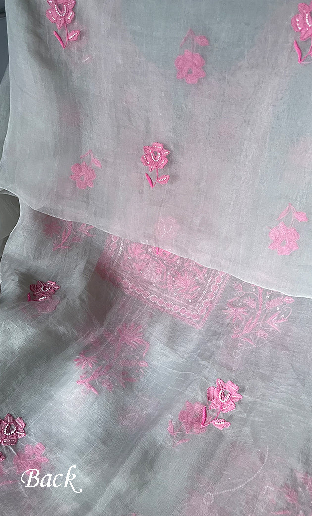 Women's Lakhnavi Handcrafted Pure Organza Chikankari Unstitched Kurta And Dupatta Set- HONC0303193