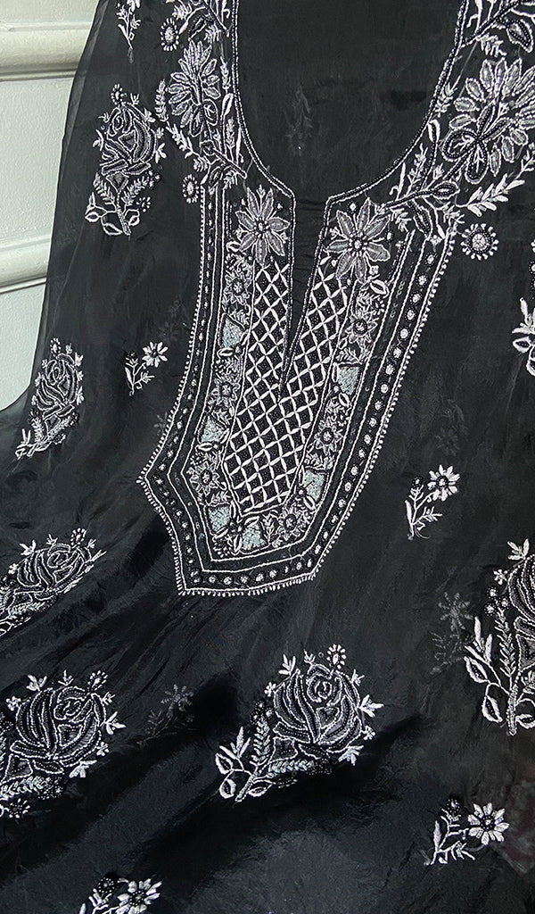 Women's Lakhnavi Handcrafted Pure Organza Chikankari Unstitched Kurta And Dupatta Set- HONC0329215