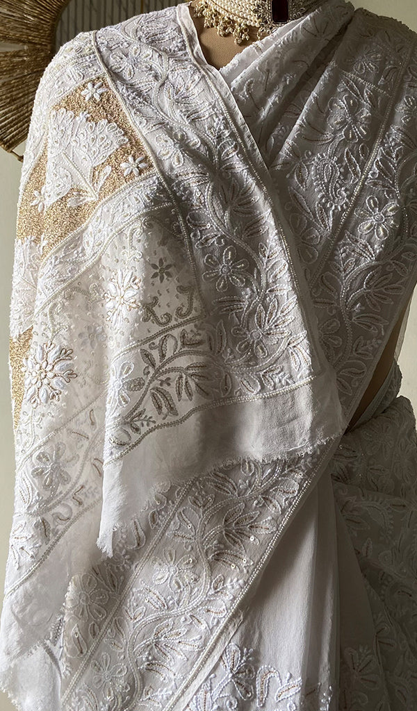 Women's Lakhnavi Handcrafted Pure Silk Georgette Chikankari Saree- HONC0178854