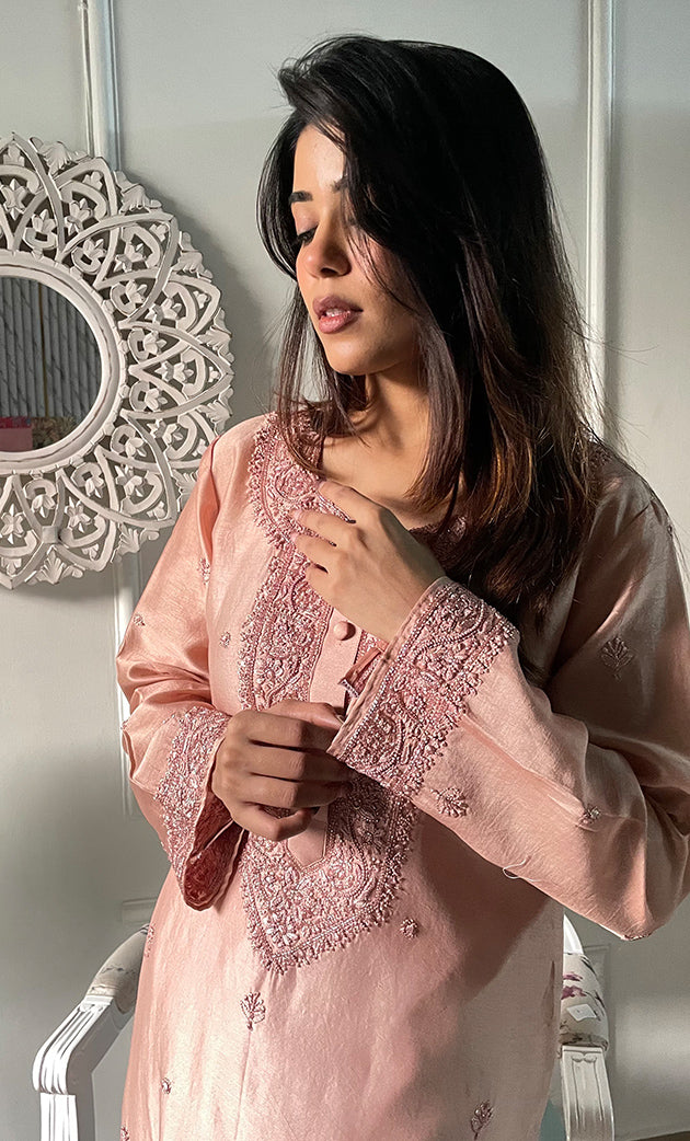 Women's Lucknowi Handcrafted Chanderi Silk Chikankari Kurti - HONC0318772