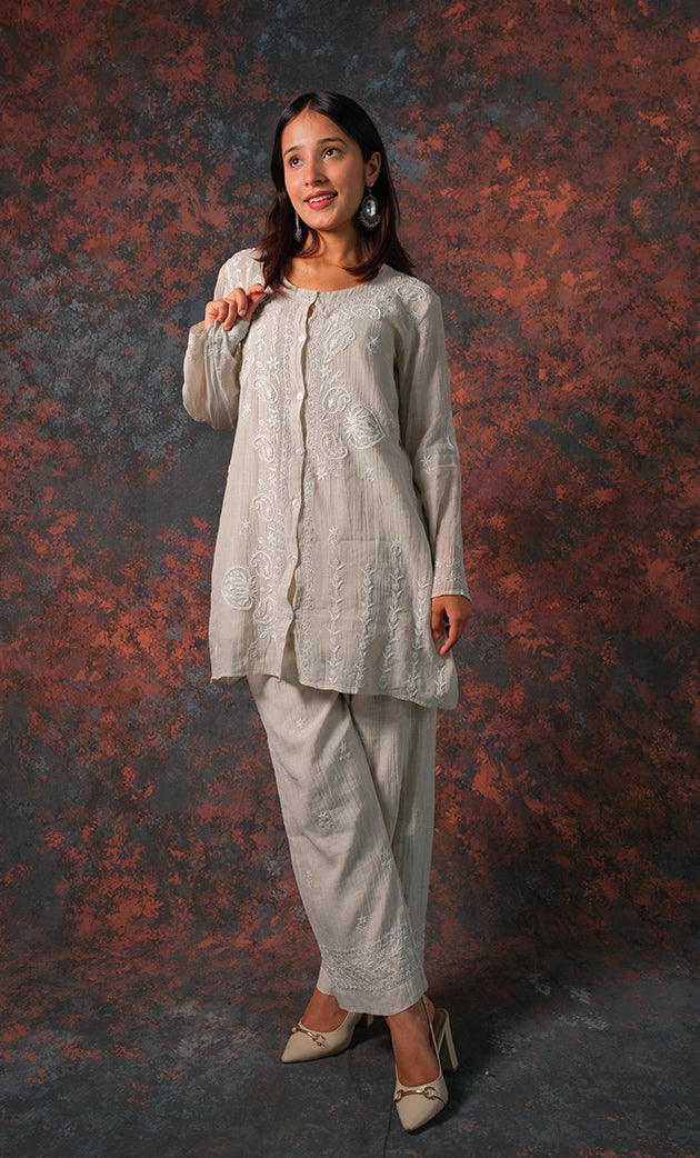 Women's Lakhnavi Handcrafted Tissue chanderi Chikankari Kurta And palazzo Set - HONC0322042