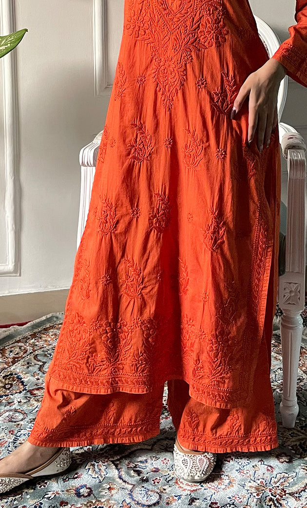 Women's Lakhnavi Handcrafted Chanderi Silk Chikankari Top And Pant Set - HONC0320557