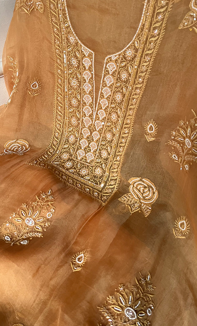 Women's Lakhnavi Handcrafted Pure Organza Chikankari Unstitched Kurta And Dupatta Set- HONC0311700