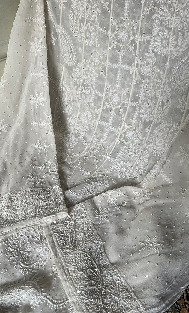 Women's Lakhnavi Handcrafted Pure Silk Georgette Chikankari  Unstitched Anarkali And Dupatta Set- HONC0321064