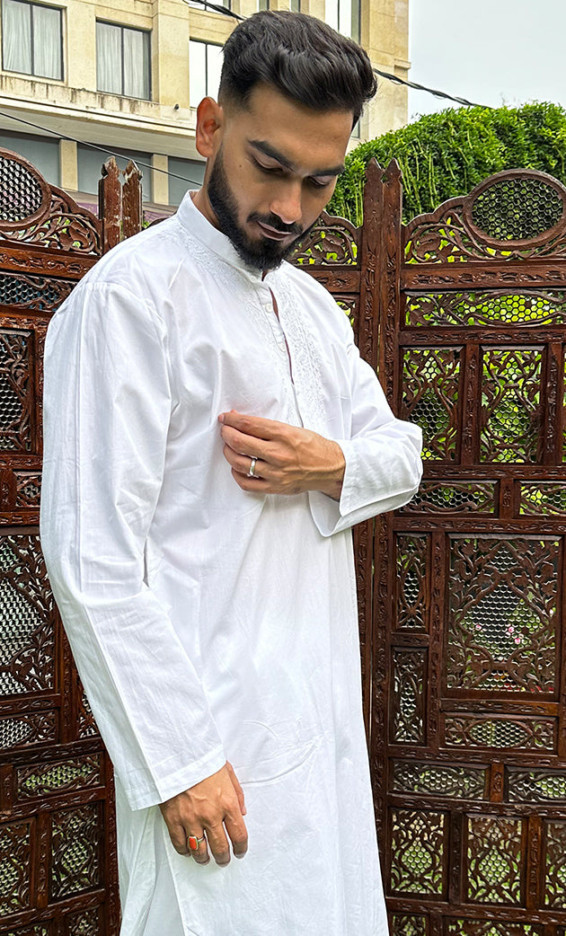 Men's Lucknowi Handcrafted Cotton Chikankari Kurta With Pant HONC0323816