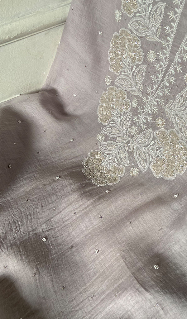 Women's Lakhnavi Handcrafted Mul Chanderi Unstitched Kurta And Dupatta Set - HONC0318622