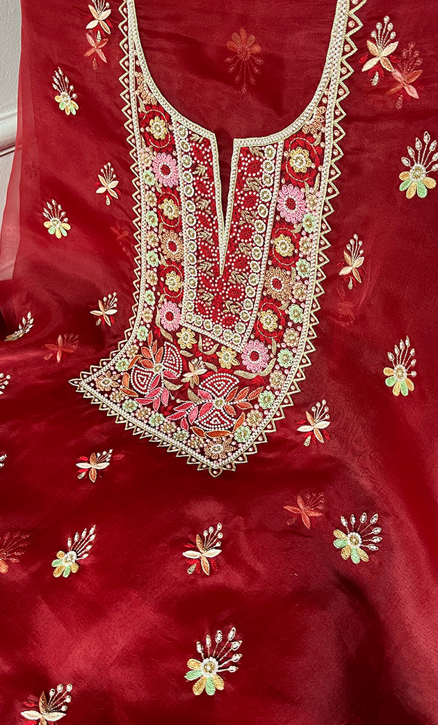 Women's Lakhnavi Handcrafted Pure Organza Chikankari Unstitched Kurta And Dupatta Set- HONC0335374