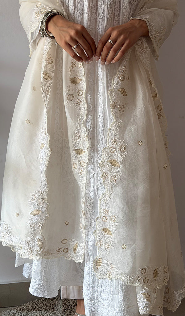 Women's Lucknowi Handcrafted Pure Organza Silk Chikankari Dupatta - HONC0380139