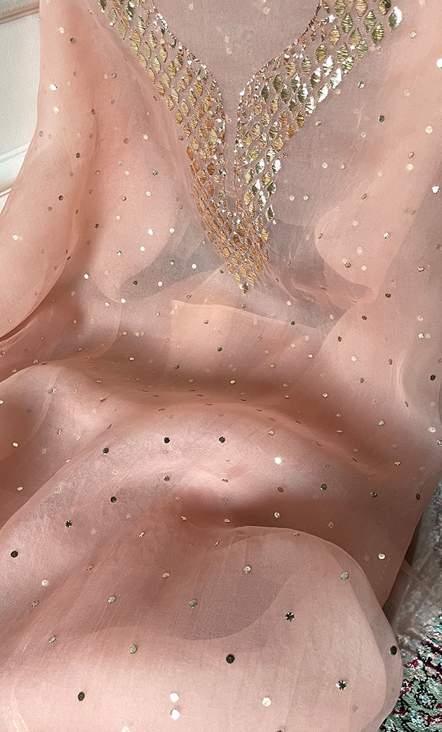 Alfia Women's Lakhnavi Handcrafted Pure Organza Chikankari Unstitched Kurta And Dupatta Set- HONC0786056