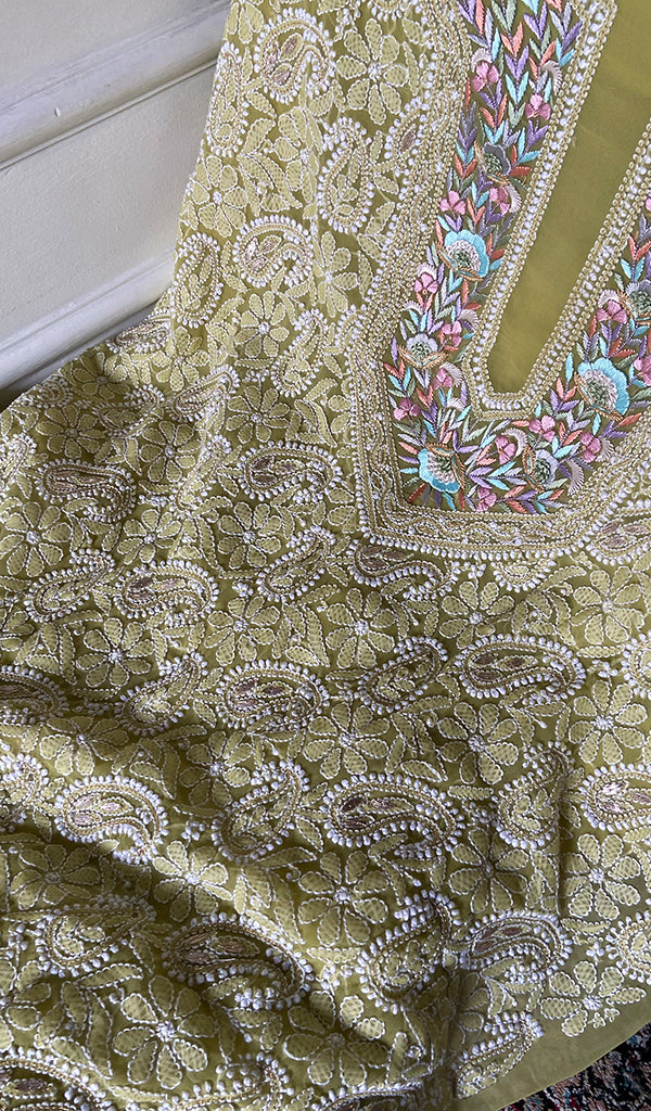 Women's Lakhnavi Handcrafted Unstitched Faux-Georgette Chikankari Suit Material - HONC0318463
