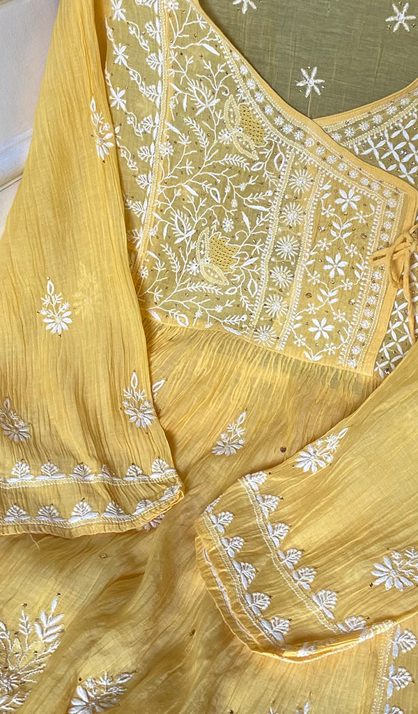 Women's Lakhnavi Handcrafted Mul Chanderi Semi - Stitched Angrakha And Dupatta Set - HONC0328325