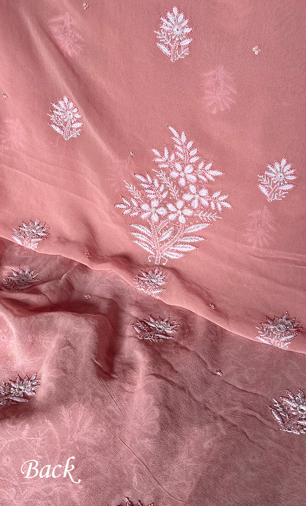 Women's Lakhnavi Handcrafted Pure Silk Georgette Chikankari Kurta And Dupatta Set - HONC0295346