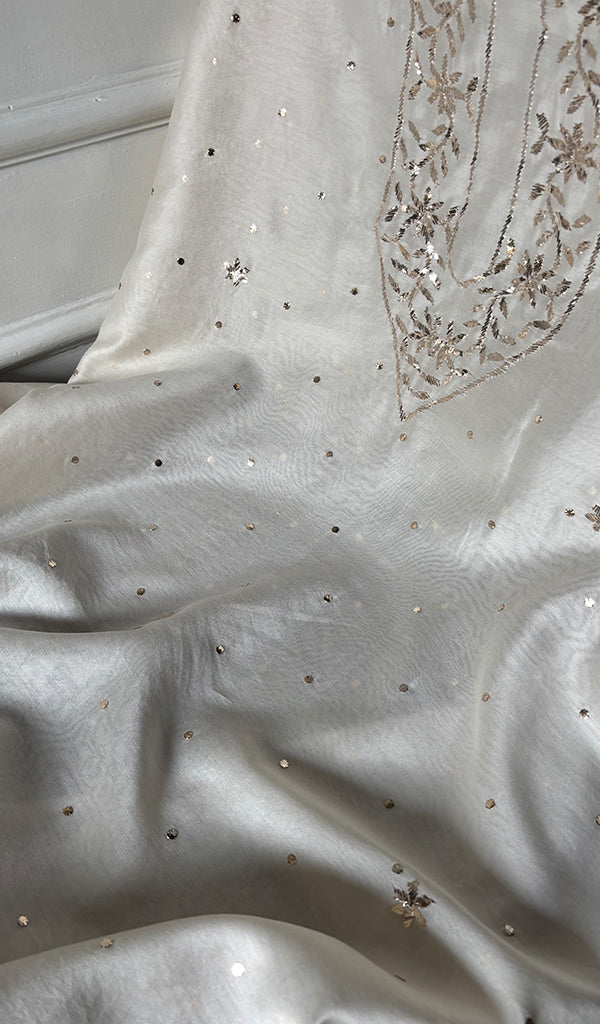 Lucknowi Handcrafted Chanderi Silk Chikankari Unstitched Men's Kurta Fabric - HONC0304298