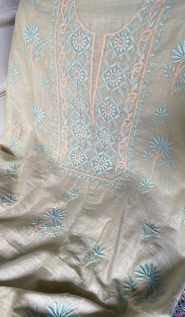 Women's Lakhnavi Handcrafted Mul Chanderi Unstitched Chikankari Full Suit Material - HONC0369243