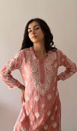 Load image into Gallery viewer, Women's Lucknowi Handcrafted Mul Chanderi Stitched Chikankari Kurta And Plazzo Set- HONC0378780