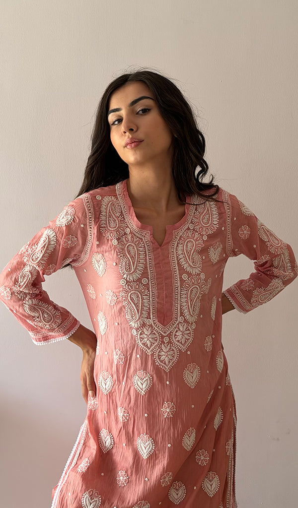 Women's Lucknowi Handcrafted Mul Chanderi Stitched Chikankari Kurta And Plazzo Set- HONC0378780