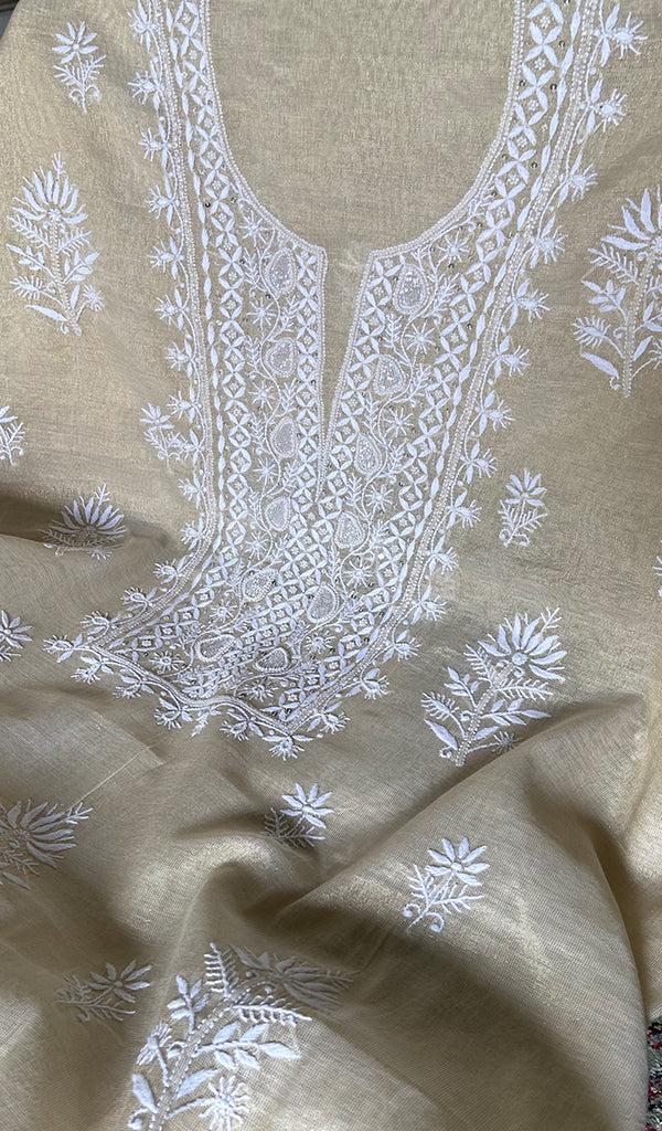 Women's Lakhnavi Handcrafted Tissue Chanderi Unstitched Chikankari Kurta And Dupatta Set - HONC0360002