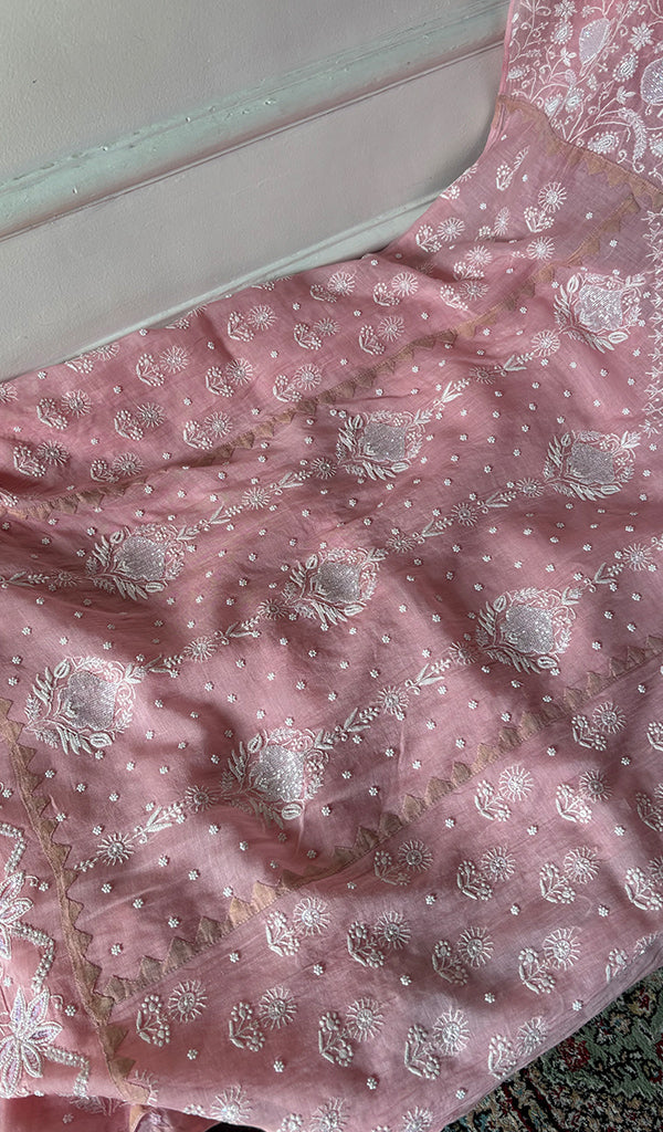 Aarushi Women's Lakhnavi Handcrafted Mul Chanderi Semi - stitched Chikankari Full Suit Material - HONC0330135