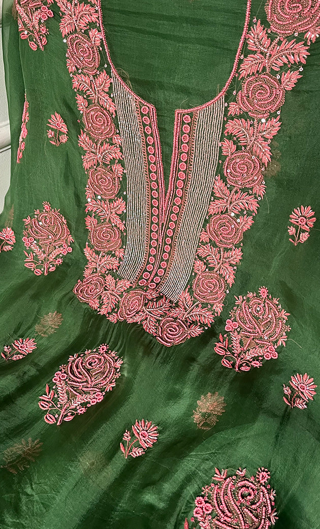 Women's Lakhnavi Handcrafted Pure Organza Chikankari Unstitched Kurta And Dupatta Set- HONC0311849