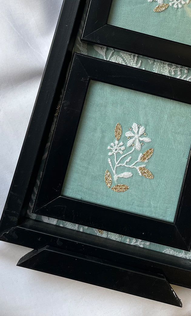 Handcrafted Chikankari Tray with Two Coasters – Wooden Frame - HONC0313526