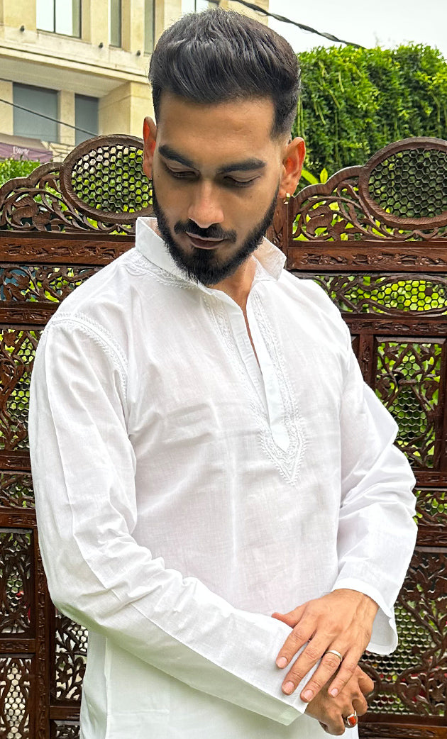 Men's Lucknowi Handcrafted Cotton Chikankari Kurta - HONC0325971