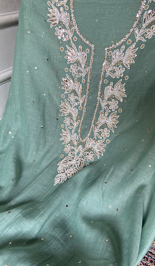 Nyla Women's Lakhnavi Handcrafted Mul Chanderi Unstitched Chikankari Full Suit Material - HONC0324547