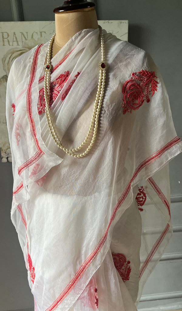 Women's Lucknowi Handcrafted Pure Organza Silk Chikankari Saree - HONC0295368