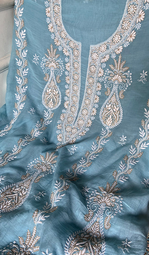 Women's Lakhnavi Handcrafted Mul Chanderi Unstitched Kurta And Dupatta Set - HONC0365693
