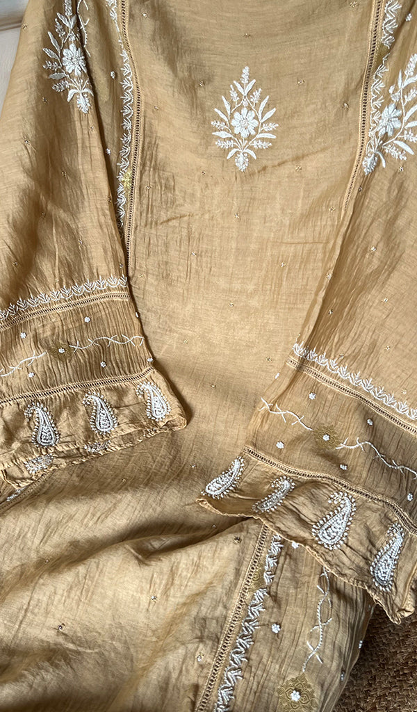 Women's Lakhnavi Handcrafted Mul Chanderi Semi - Stitched Kurta And Dupatta Set - HONC0293242